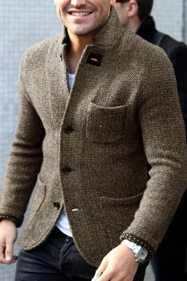 Herrblazer – Ullstruktur – Skräddarsydd Passform – Hög Krage – Formell Stil