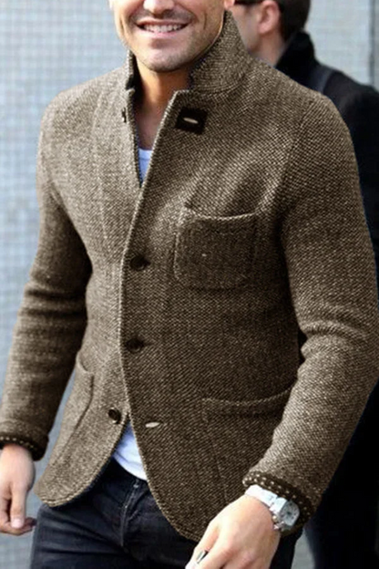 Herrblazer – Ullstruktur – Skräddarsydd Passform – Hög Krage – Formell Stil