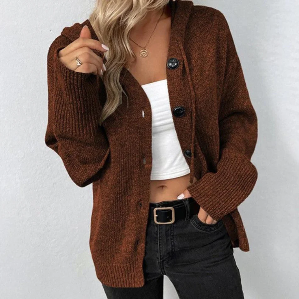 Dam Cardigan med Huva – Oversized Passform – Stickad – Knappfront – Ribbad Kant