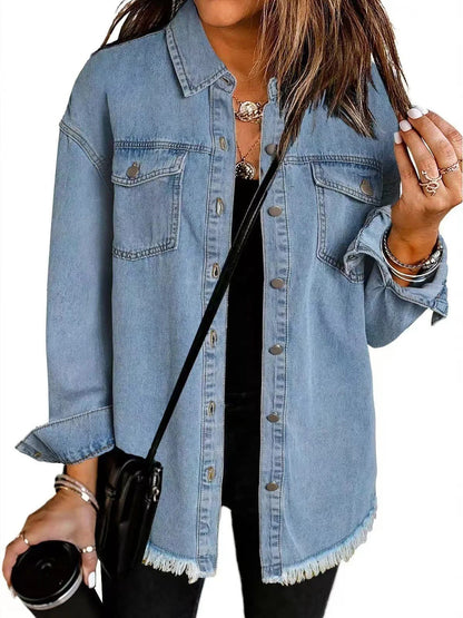 Dam Denimjacka – Avslappnad Passform – Fransad Kant – Knappfront – Lång Längd