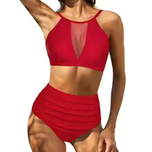 Dam Bikini Set – Hög Midja – Halterneck – Snörning – Uthålad Detalj – Andas