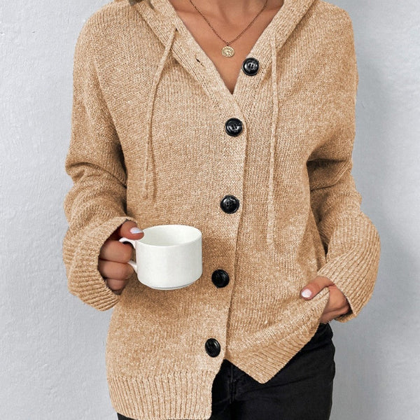 Dam Cardigan med Huva – Oversized Passform – Stickad – Knappfront – Ribbad Kant