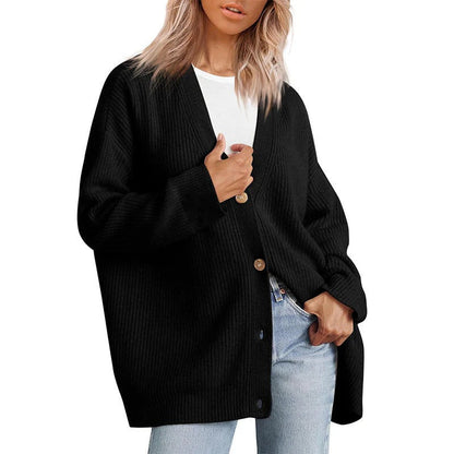 Damkofta – Oversized passform – Ribbstickad – Knappar – V-ringning