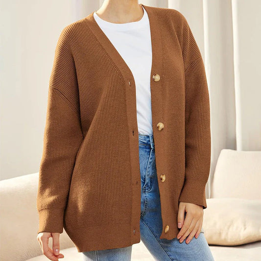 Dam Cardigan – Ribbstickad – Oversized Passform – Knappar – V-ringning – Droppaxel