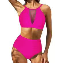 Dam Bikini Set – Hög Midja – Halterneck – Snörning – Uthålad Detalj – Andas