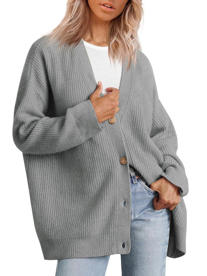 Damkofta – Oversized passform – Ribbstickad – Knappar – V-ringning