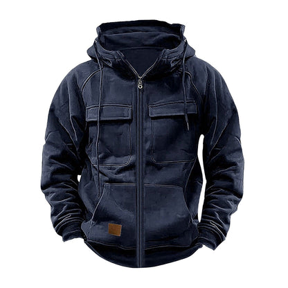 Herr Huvtröja – Avslappnad Passform – Half Zip – Bröstfickor – Mjuk Bomullsfleece