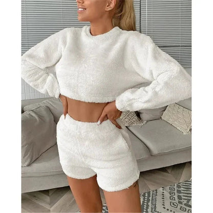 Dam Loungekläder Set – Mjuk Fleece-känsla – Croppad Tröja – Högmidja Shorts