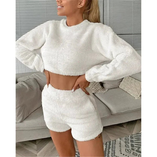 Dam Loungekläder Set – Mjuk Fleece-känsla – Croppad Tröja – Högmidja Shorts