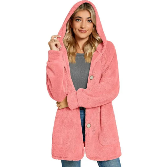 Dam Cardigan med Huva – Plyschtextur – Oversized Passform – Knäppning – Fickor