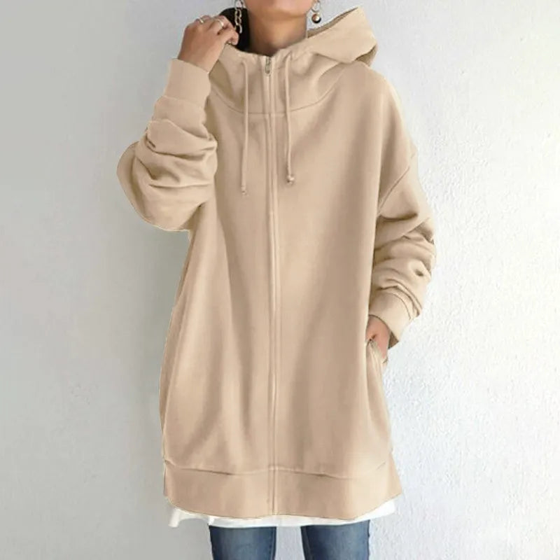 Dam huvtröja – Oversized passform – Fleece – Dragkedja – Med fickor