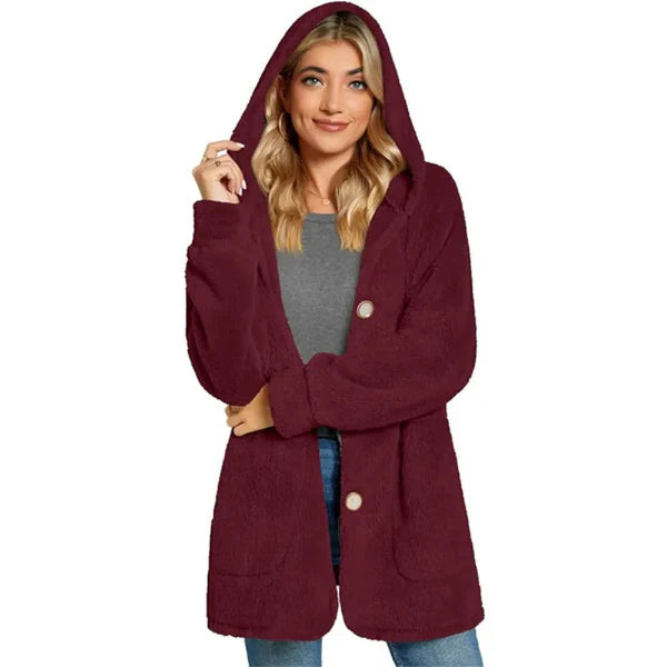 Dam Cardigan med Huva – Plyschtextur – Oversized Passform – Knäppning – Fickor