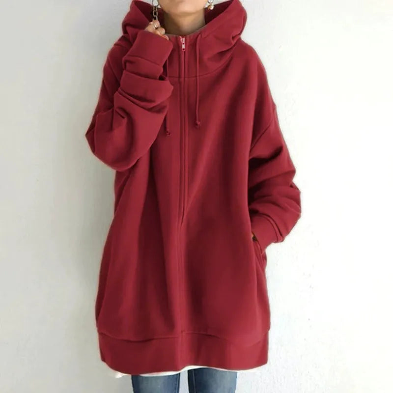 Dam huvtröja – Oversized passform – Fleece – Dragkedja – Med fickor
