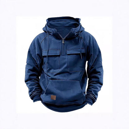 Herr Huvtröja – Avslappnad Passform – Half Zip – Bröstfickor – Mjuk Bomullsfleece