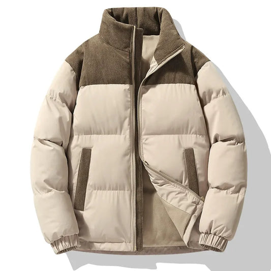 Herr Jacka – Vadderad Oversized Passform – Quiltad Textur – Sammetkrage – Dragkedja