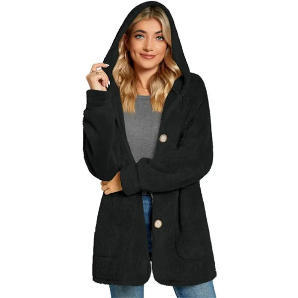 Dam Cardigan med Huva – Plyschtextur – Oversized Passform – Knäppning – Fickor