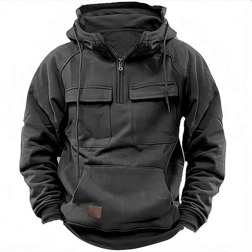 Herr Huvtröja – Avslappnad Passform – Half Zip – Bröstfickor – Mjuk Bomullsfleece