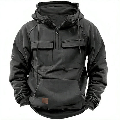 Herr Huvtröja – Avslappnad Passform – Half Zip – Bröstfickor – Mjuk Bomullsfleece
