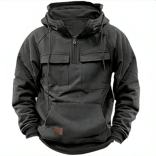 Herr Huvtröja – Avslappnad Passform – Half Zip – Bröstfickor – Mjuk Bomullsfleece