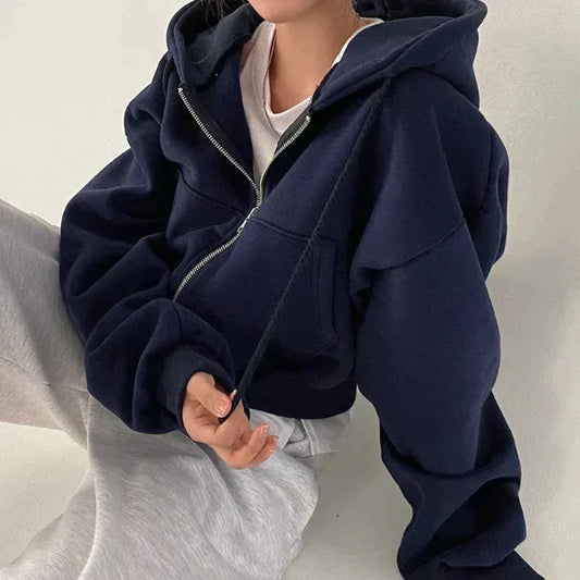 Dam Huvtröja – Oversized Passform – Fleece – Dragkedja – Känguruficka – Vardagsbruk