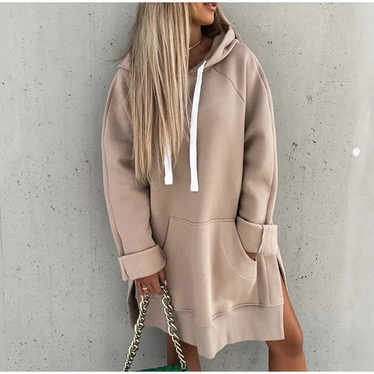 Dam Huvklänning – Oversized Passform – Bomullsblandning – Känguruficka – Slits
