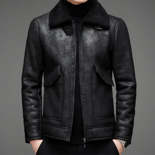 Herr Skinnjacka – Regular Fit – Dragkedjestängning – Fårskinnskrage – Vintage Stil