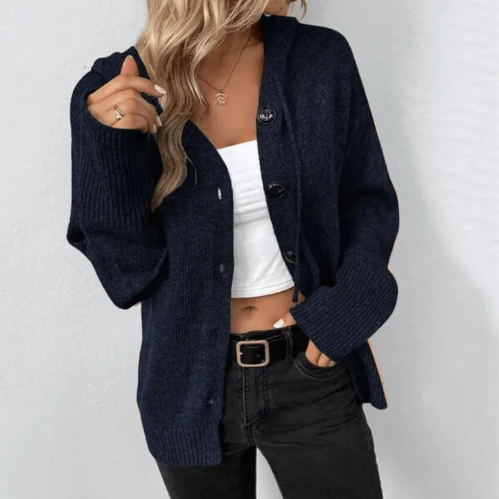 Dam Cardigan – Ullstickad – Avslappnad Passform – Knäppning – Ribbstickade Kantar