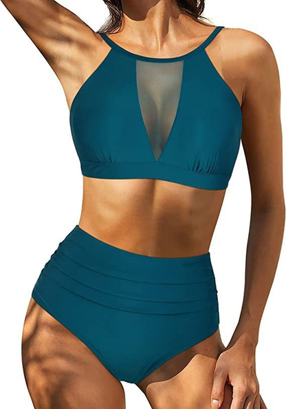 Dam Bikini Set – Hög Midja – Halterneck – Snörning – Uthålad Detalj – Andas