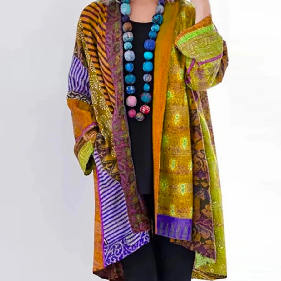 Dam Cardigan – Ullstickad – Oversized Passform – Lång Längd – Öppen Bohemstil