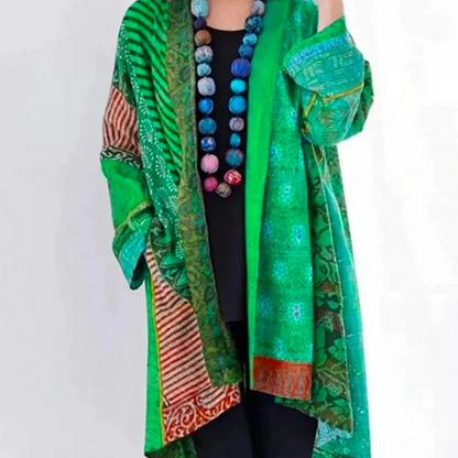 Dam Cardigan – Ullstickad – Oversized Passform – Lång Längd – Öppen Bohemstil