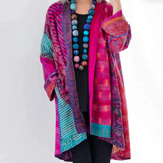 Dam Cardigan – Ullstickad – Oversized Passform – Lång Längd – Öppen Bohemstil