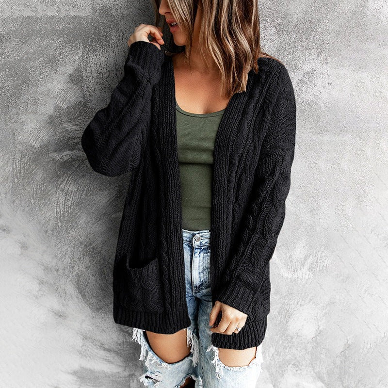 Dam Cardigan – Stickad Ullblandning – Avslappnad Passform – Kabelstickad – Öppen Front