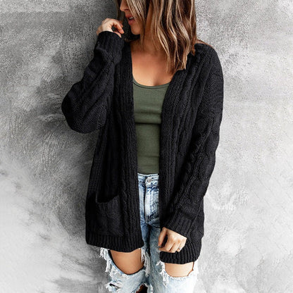 Dam Cardigan – Stickad Ullblandning – Avslappnad Passform – Kabelstickad – Öppen Front