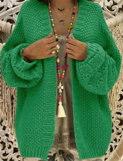 Dam Cardigan – Ullstickad – Oversized Passform – Öppen Front – Ballongärmad Design