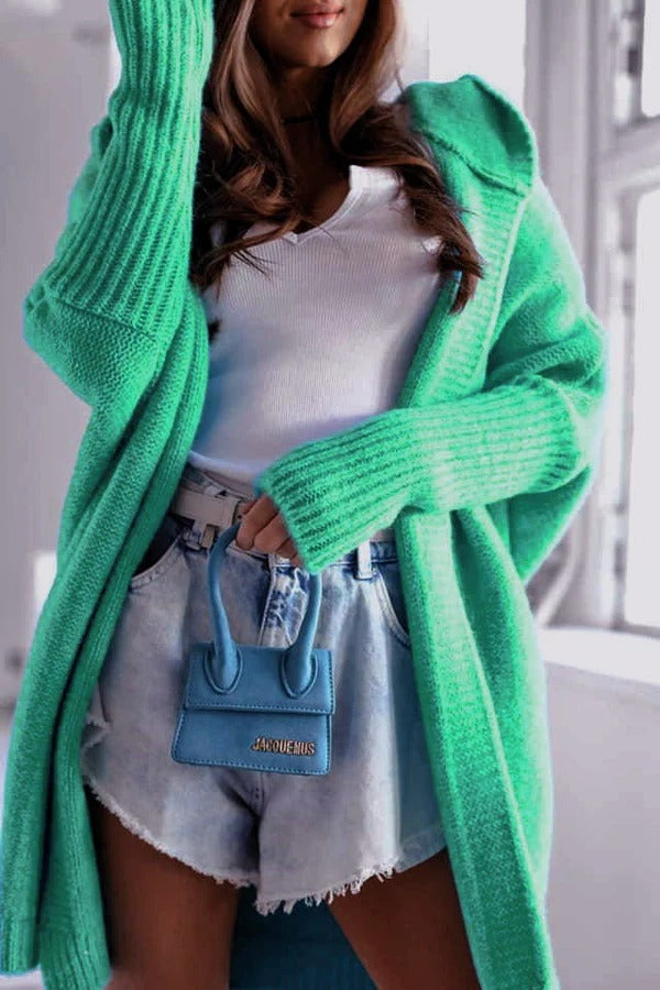 Dam Cardigan – Stickad – Oversized Passform – Huvtröja – Öppen Front – Ribbstickade Kanter