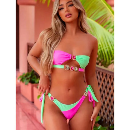 Dam Bikini Set – Formande Passform – Axelbandslös Halterneck – Kristalldetaljer