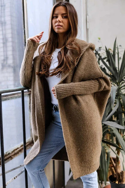 Dam Cardigan – Stickad – Oversized Passform – Huvtröja – Öppen Front – Ribbstickade Kanter