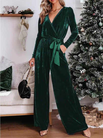 Dams Jumpsuit – Skräddarsydd Passform – Sammet – V-ringning – Långärmad – Vida Ben