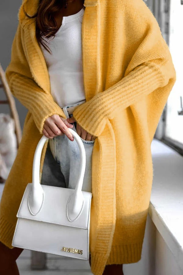 Dam Cardigan – Stickad – Oversized Passform – Huvtröja – Öppen Front – Ribbstickade Kanter