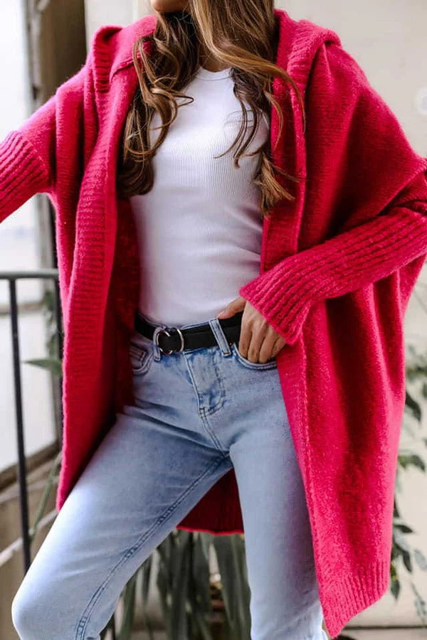 Dam Cardigan – Stickad – Oversized Passform – Huvtröja – Öppen Front – Ribbstickade Kanter