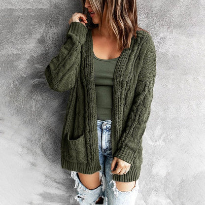 Dam Cardigan – Stickad Ullblandning – Avslappnad Passform – Kabelstickad – Öppen Front