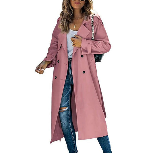 Dam Trenchcoat – Avslappnad Passform – Dubbelspränd – Bred Krage – Lång Modell