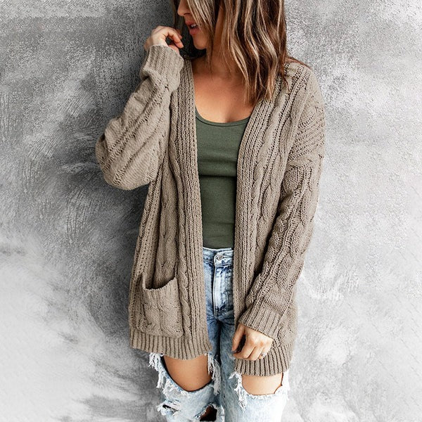 Dam Cardigan – Stickad Ullblandning – Avslappnad Passform – Kabelstickad – Öppen Front
