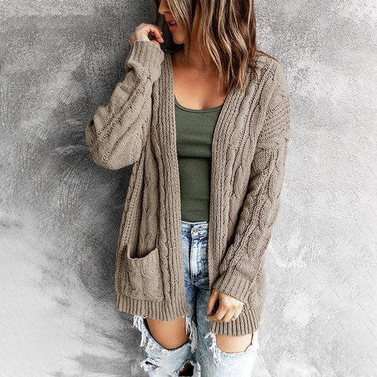 Dam Cardigan – Stickad Ullblandning – Avslappnad Passform – Kabelstickad – Öppen Front