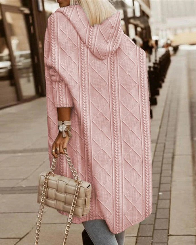 Dam Cardigan Stickad – Huvtröja – Kabelstickad – Lång Modell – Oversized Passform