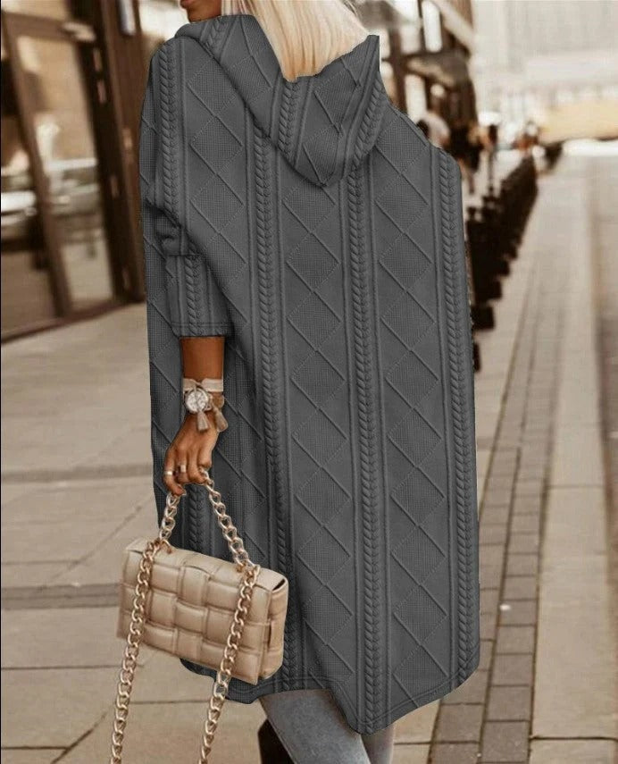 Dam Cardigan Stickad – Huvtröja – Kabelstickad – Lång Modell – Oversized Passform