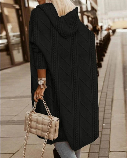 Dam Cardigan Stickad – Huvtröja – Kabelstickad – Lång Modell – Oversized Passform