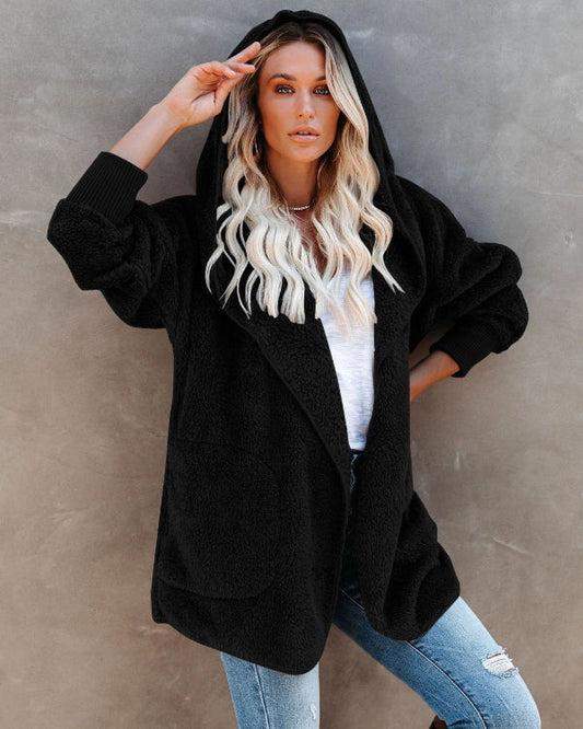 Damkofta med Huva – Sherpa Fleece – Oversized Passform – Öppen Front