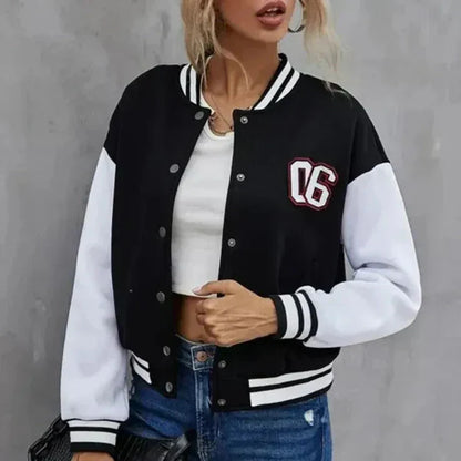 Dam Bomberjacka – Avslappnad Passform – Kontrastärm – Ribbstickad Kant – Varsity Stil