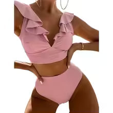 Dam Bikini Set – Rynkad V-ringad Topp – Hög Midja – Mjuk och Elastisk Passform